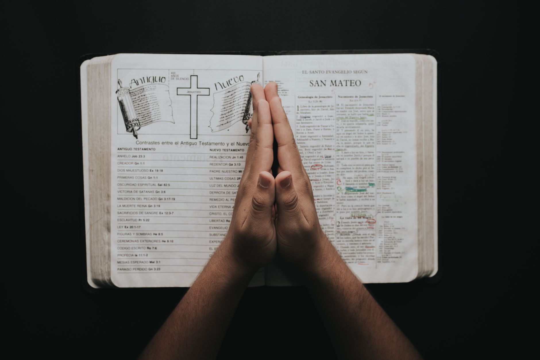 Złożone dłonie w modlitwie nad otwartą Biblią w codziennej modlitwie psalmami Złożone dłonie w modlitwie nad otwartą Biblią w codziennej modlitwie psalmami